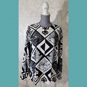 Como Vtg Black White Artsy Geometric Print Long Sleeve Keyhole Blouse